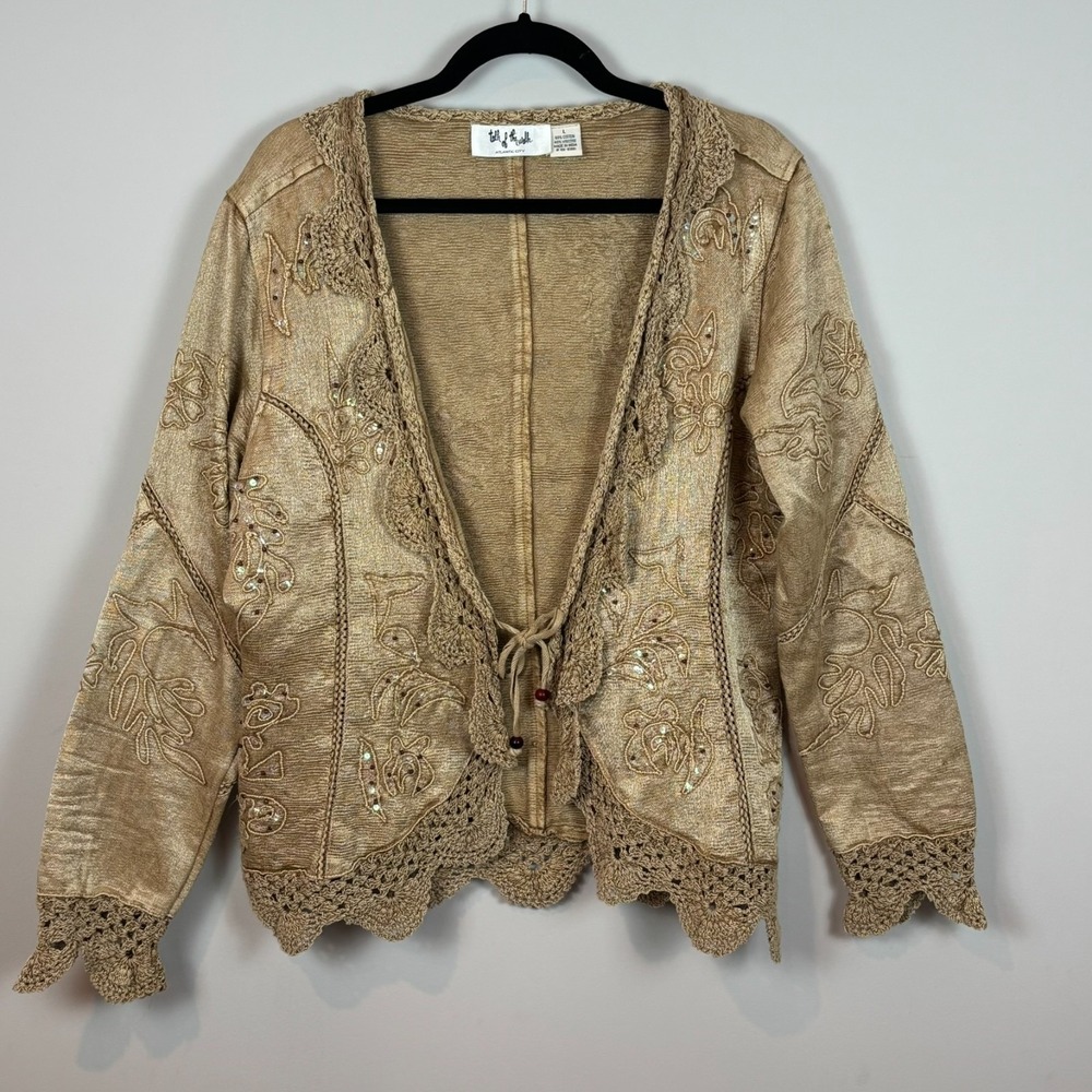 Talk of the Walk Beaded Sequence Y2K Fairy Lace Boho Tie Front‎ Jacket Womens LG
